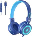 KONNAO Kid Headphones for School, USB Type C Kids Headphone with LED Lights, Wired Boys Girls Headphones with Safe Limiter 85dB/95dB, Foldable On Ear Headphones with Microphones for School/iPad