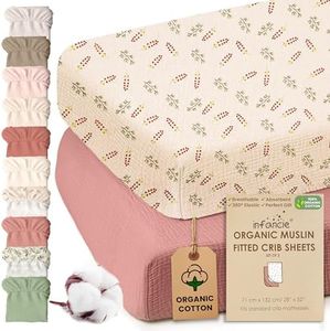 Infancie 100% Organic Cotton Muslin Crib Sheets Set of 2 – Soft & Breathable Fitted Sheets for Boys and Girls, Neutral Colors – Fits Standard Baby Crib Mattress 28 x 52 Inches Rust/Floral, Crib Sheet