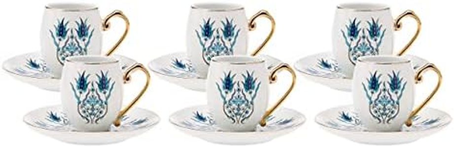 Karaca Iznik Turkish Coffee Cups, 12 Piece Porcelain Espresso Cups Set, 90 ml Small Arabic & Greek Cups with Saucers, Turkish Coffee Cup Set of 6