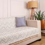 STITCHNEST Quilted Velvet Sofa Cover with Tassels – 70x52 Inch, Grey & Ivory Zigzag Design, Soft & Stylish, Washable Sofa Protector for 3-Seater