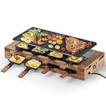 Indoor Grill COKLAI Raclette Grill Table Electric Grill Reversible Non-stick Plate Korean BBQ Grill Wooden Base Cheese Raclette with 8 Trays and Wooden Spatulas Adjustable Temperature Dishwasher Safe