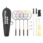 Hillington Badminton Set with Net for 4 Players - All-Weather Badminton Racket Set with 4 Rackets, 3 Shuttlecocks, Poles & Anchors and Carry Bag - Easy Setup Portable Badminton Net for Garden & Beach