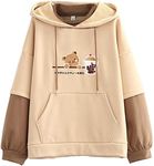 EMILYLE Women Cute Hoodie Girl Cartoon Bear Embroidery Long Sleeve Hoodie Patchwork Kawaii Sweatshirt, Beige-1, Medium