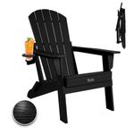 Plawdlik Folding Adirondack Chair, SGS Tested, Wooden Textured with Cup Holder, Heavy All-Weather HDPE Comfortable Set Poolside Backyard Lawn Black