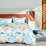 MILDLY 100% Long Staple Cotton Duvet Cover Set Blue Gold Grey Leaves Printed Comforter Cover Set Watercolor Plant