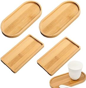 Rebanky 4 Pcs Bamboo Tray Rectangular Oval Wooden Tray Small Solid Bamboo Tea Serving Tray Bamboo Plant Saucer Flower Plant Succulent Tray for Coaster,Tea,Coffee,Cake,Snack