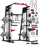 GarveeLife Smith Machine Home Gym All in One, 2200 LBS Squat Rack Power Cage with Smith Bar, LAT Pull-Down, Cable Systems, Leg Hold-Down and More Attachments, Workout Equipment (Red Black)