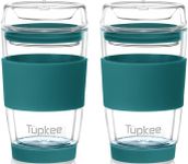 Tupkee Double Wall Glass Tumbler - 8-Ounce, All Glass Reusable Insulated Tea/Coffee Mug & Lid, Hand Blown Glass Travel Mug - Cyan - 2 Pack