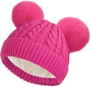 ZGDG Kids Winter Hat Toddler Pom Pom Beanie Hat for Boys Girls Fleece Lined Thick Ski Cap for 4-10Y Rose Red