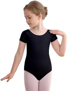 Mecceos Ballet Leotards Basic Short Sleeve for Toddler Girls Dance Gymnastics Outfits (Black, 12-14 Years, MEAM-278)