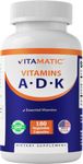 Vitamatic ADK Vitamin Supplement, 180 Veg Capsules, High Potency Vitamins A, D3, K2 for Bone Health, Calcium Absorption, Non-GMO, Gluten Free