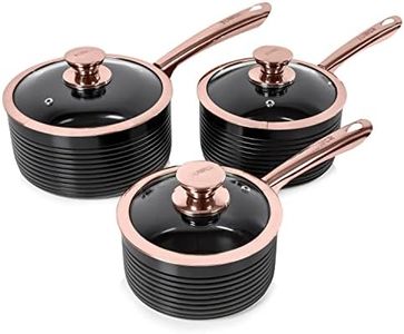 Tower T800001RB Linear Non Stick Induction Saucepans Sets With Lids, Easy Clean, Black and Rose Gold, 3 Piece Set, 16/18/20 cm