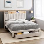 Queen Size Bed Frame with Storage Headboard and Charging Station, Upholstered Platform Bed Frame with Drawer, Mattress Foundation with Solid Wooden Slats Support, No Box Spring Needed, Beige