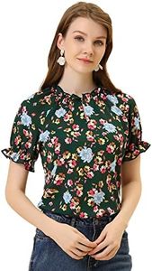 Allegra K Women's Ruffled Short Sleeve Floral Mock Neck Ruffle Summer Top Blouse Dark Green X-Large