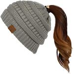 C.C Exclusives Soft Stretch Cable Knit Messy Bun Ponytail Beanie Winter Hat for Women (MB-20A), Natural Grey, One Size