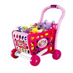 Destonl 3 in 1 Kids Supermarket Shopping Cart Hand Induction with Light & Sound Pretend Play Toy for Kid with Fruits & Vegetables, Pink