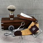 Haryali London Wooden Handmade Shaving Kit with Leather Strop, Silver Tip Badger Brush, Straight Razor, Scissor, Strop Paste Comes in Wooden Box