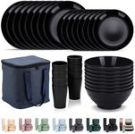Evanda Plastic Dinnerware Sets 32 Piece Service for 8 with a Portable Oragnizer Bag, Reusable Plates and Bowls Sets Include Cups, Bowls, Dishes for Home, Camping, Picnic, Outdoor (Black)