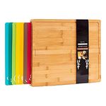 Winged Sirius 8 in 1 Extra Large Bamboo Wooden Chopping Boards Set with 7 Colour Coded PP Mats (Meat Bread Fish Cheese Dairy) Organic Antibacterial Odour Resistant Dishwasher Safe (42 X 34 X 3.5cm)