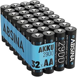 ABSINA AA Rechargeable Battery, 2900, Pack of 32, NiMH AA Battery with 1.2 V & Min. 2650 mAh, Rechargeable Batteries AA for Devices with High Power Consumption, AA Batteries for Flash, Wii and Xbox