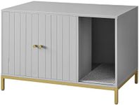 Feandrea Litter Box Enclosure, Modern Cat Litter Box Furniture Hidden, with Scratching Mat, Tall Legs, Cat House, Side End Table, 31.5 x 19.7 x 21.7 Inches, Dove Gray and Gold UPCL007H01