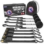 Ratchet Straps 20ft (6m) 4 Pack 1000kg Break Strength UV Resistant Heavy Duty Cargo Tie Down Straps with Ergonomic Rubber Grips & Coated Deep S Hooks by Bison Gear® (6m 1000kg Break Strength, Black)