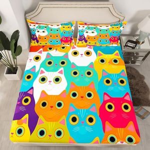 Cartoon Pet Cats Pattern Bed Sheet Set Colorful Chic Cute Kitten Print Bed Sheet Set for Kids Boys Girls Teens Decor 3D Animal Themed Fitted Sheet for Cat Lover Bed Cover Queen Size