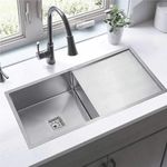 Ruhe® Handmade Single Bowl 37x18x10 Kitchen Sink with Drainboard | 304-Grade Stainless Steel Handmade Kitchen Sink | Brushed Matte Finish | Strainer-Basket/Sink Coupling/Waste Pipe