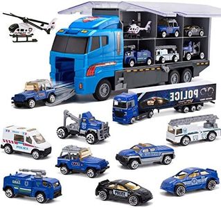 Joyfia 10 in 1 Mini Die-cast Police Truck Toy Set, Mini Patrol Rescue Vehicles in Carrier Truck Playset, Police Car Toys for 3+ Years Old Boys Girls Kids