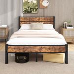 Double Bed Frame with Wooden Headboard and Footboard, Metal Wooden Bed Frame 4ft6 Under Bed Storage, No Box Spring Needed, Enhanced Support Noise Free (Black+Brown Oak)