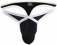 WOWSKY Men's Sexy Nylon Thong 3D Convex Pouch Superior Comfort,Patchwork Color Enhanced Support, Black, Large