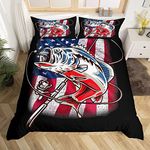 American Flag Duvet Cover Farmhouse Fishing Bedding Set for Kids Boys Girls Teens Room Wild Fish Comforter Cover Set Red Blue Stripe Bedspread Cover 3Pcs Zipper Super King