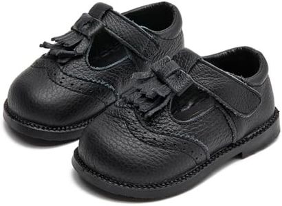 DADAWEN Toddler Girls Leather Mary Jane Dress Shoes Baby Non-Slip Soft Sole Tassel Princess Flats Wedding Party Casual Walking School Shoes Black US Size 5 Toddler