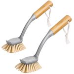 MR.SIGA Radial Dish Brush with Long Bamboo Handle Built-in Scraper, Scrubbing Brush for Pans, Pots, Kitchen Sink Cleaning, Pack of 2