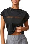 SweatyRocks Women's Fishnet Mesh Short Sleeve Hoodie Casual Solid Sports Workout Sweatshirts Pullover Tops Black L