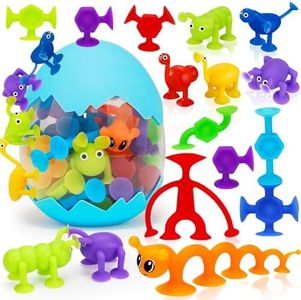 32pcs Baby Suction Cup Toys Kids Bath Toy Sensory Fidget for 2 3 4 5 Year Old Boy Girl Toddler Travel Toy Age 3-5 Educational Silicone Dinosaur Sucker Squigz Window Toy Eggshell Storage Stress Release