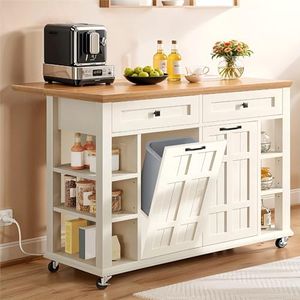 YITAHOME Kitchen Island with Drop Leaf, 51 Inch Rolling Kitchen Cart with Trash Can Cabinet, Americana Island Cart with Power Outlet, Rolling Folding Extendable Dining Table with Open Shelves, White