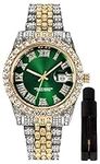 HUNRUY Hip Hop Watches for Men Iced-Out Bling Diamond Luxury Quartz Watches with Date, Green, Fashion