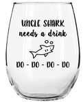 Uncle Shark Needs a Drink Do Do Do Do Funny Novelty Stemless Wine Glass with Sayings for Grunkle, Funcle, Brother and Cousin Gifts