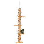 PawHut 242cm Floor to Ceiling Cat Tree for Indoor Cats with Leaves, Height Adjustable Cat Climbing Tower with Scratching Post, Anti-Slip Kit - Orange