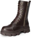 DREAM PAIRS Women's DMB215 Combat Boots Lace up Mid Calf Boots Low Heel Chunky Platform Riding Boots, Brown PU, Size 9.5