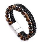 Young & Forever Stainless Steel Anti Tarnish Wristband for Men Stylish Casual Wedding Party Office Wear Religious Cross Symbol Bracelet for Boys Fancy Fashion Jewelry (Tiger Eye + Leather)