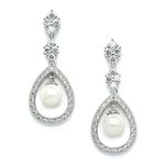 Mariell Vintage Wedding Cubic Zirconia and Cream Pearl Dangle Bridal Earrings - Art Deco Platinum Styling