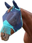 WeatherBeeta ComFiTec Deluxe Fine Mesh Mask with Ears & Tassels, Navy/Turquoise, Pony