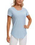 CRZ YOGA Pima Cotton Womens Short Sleeve Shirt Loose Casual Yoga T-Shirt Athletic Workout Tee Top Blue Linen Large