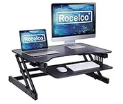 Rocelco 32" Height Adjustable Standing Desk Converter - Quick Sit Stand Up Dual Monitor Riser - Gas Spring Assist Tabletop Computer Workstation - Large Retractable Keyboard Tray - Black (R ADRB)