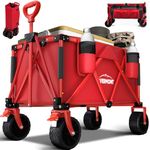 Overmont Festival Camping Folding Trolley - All-terrain Extra Wide Wheels with 330lbs Capacity - Heavy Duty Beach Wagon Cart for Garden, Shopping - Adjustable Handle & Drink Holders - Red