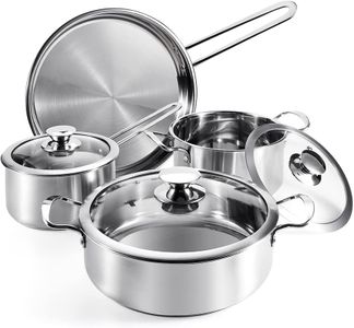 Juego de ollas y sartenes de 7 piezas, olla de acero inoxidable, ollas con tapa de vidrio, juego de utensilios de cocina compatibles con placas de inducción, gas y eléctricas