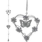 Garden Decor - Butterfly and Hearts Mobile Decoration - Ideal Patio Gift - Metal Silver Hearts, Butterflies and Flowers - 40"H