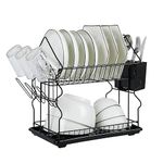 2 Tier Dish Drainer Rack for Kitchen Countertop, Dish Drying Rack with Utensil Holder/Cup Holders/Drip Tray, Space Saving Metal Sink Draining Board Dishes Racks (Black)